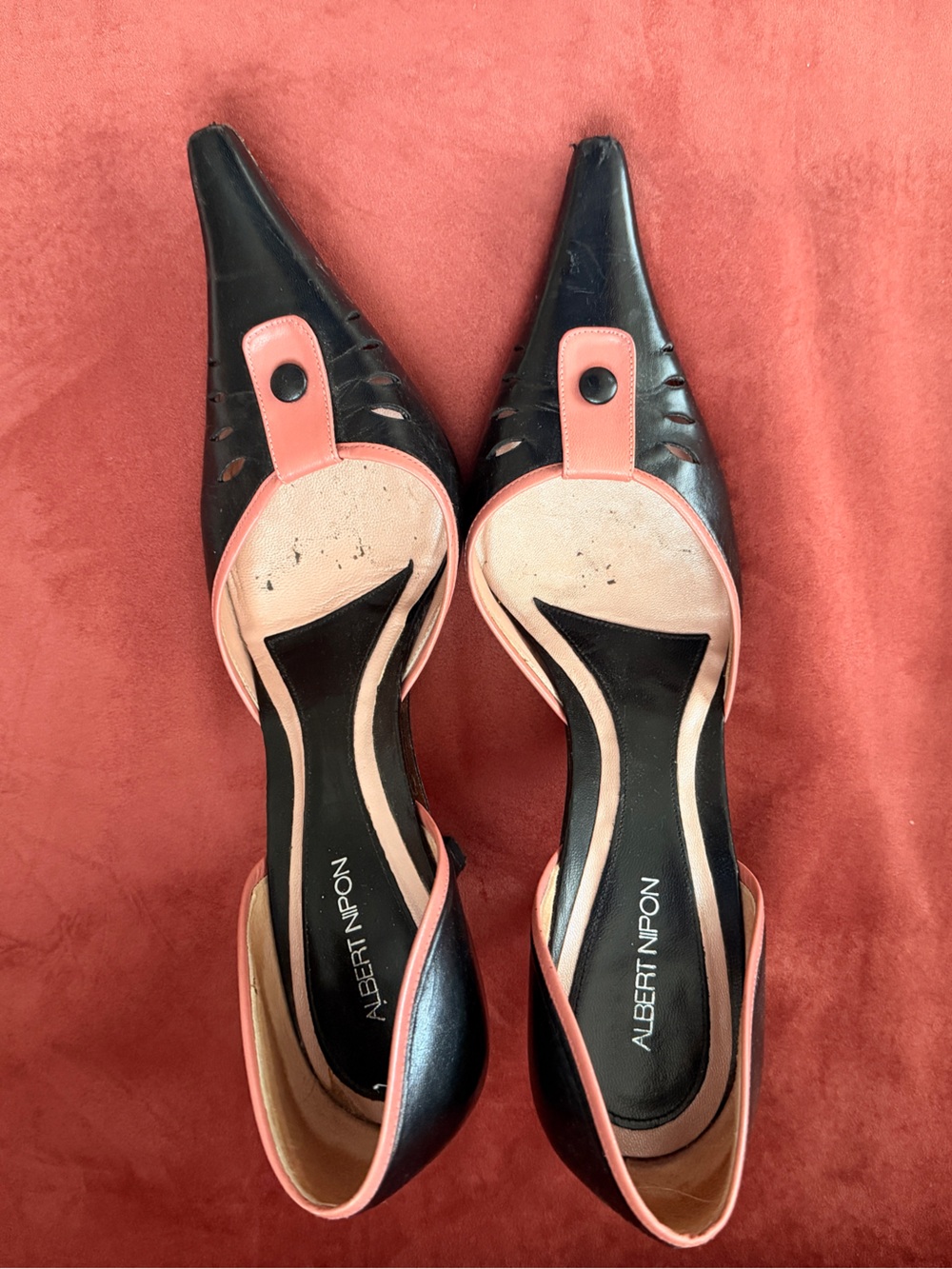 Albert Nipon Black and Pink Pointed Toe Slingback Heels
